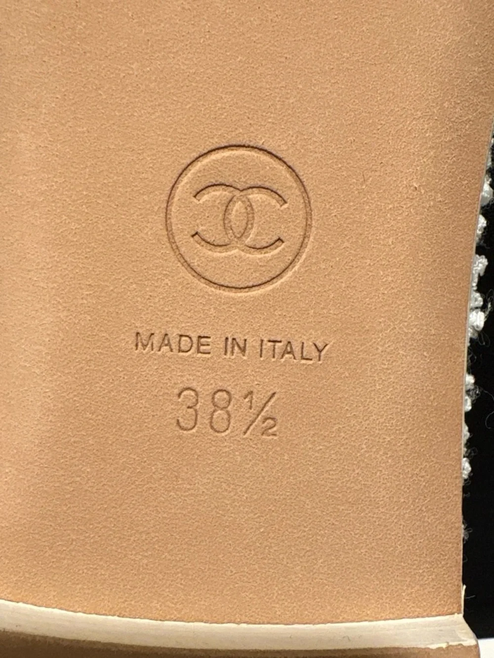CHANEL White Tweed Pearl CC Slide Mules